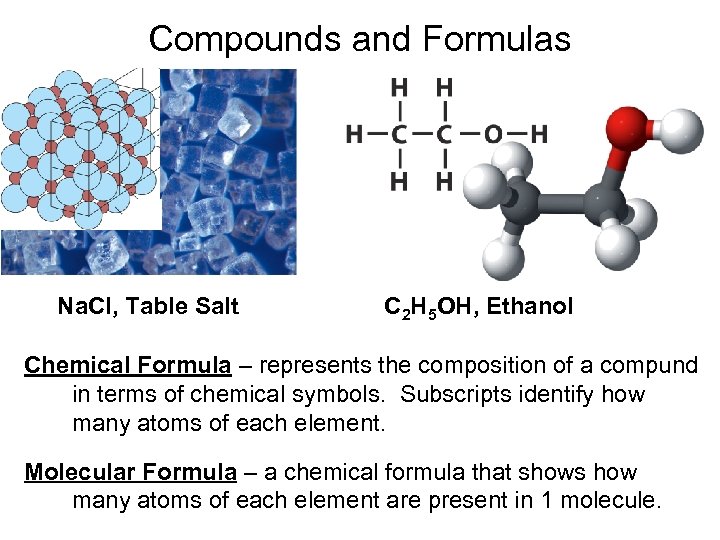 Compounds and Formulas Na. Cl, Table Salt C 2 H 5 OH, Ethanol Chemical