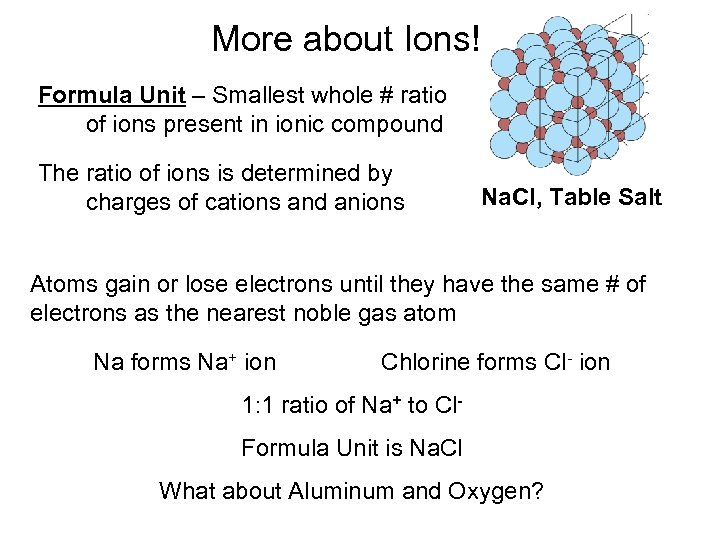 More about Ions! Formula Unit – Smallest whole # ratio of ions present in