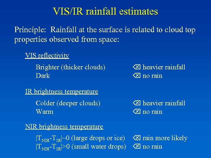 VIS/IR rainfall estimates Principle: Rainfall at the surface is related to cloud top properties
