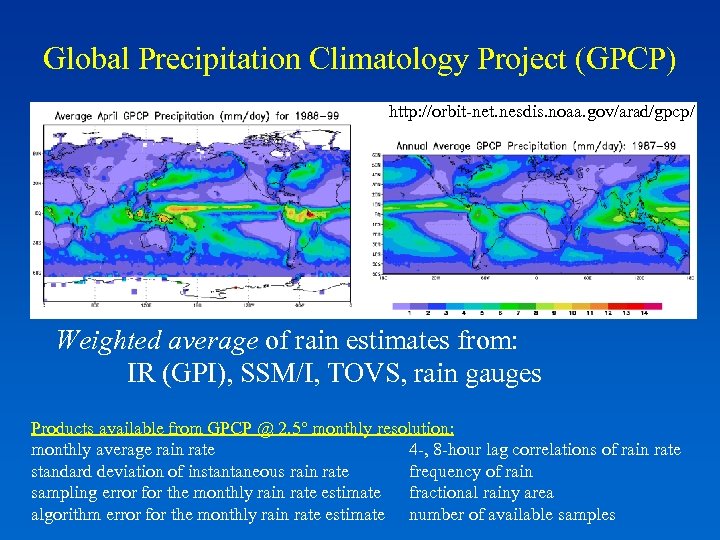 Global Precipitation Climatology Project (GPCP) http: //orbit-net. nesdis. noaa. gov/arad/gpcp/ Weighted average of rain