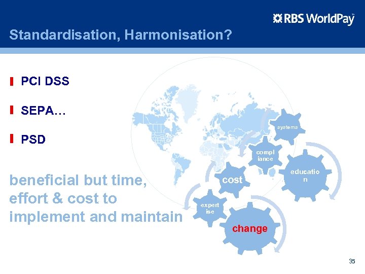 Standardisation, Harmonisation? PCI DSS SEPA… systems PSD compl iance beneficial but time, effort &