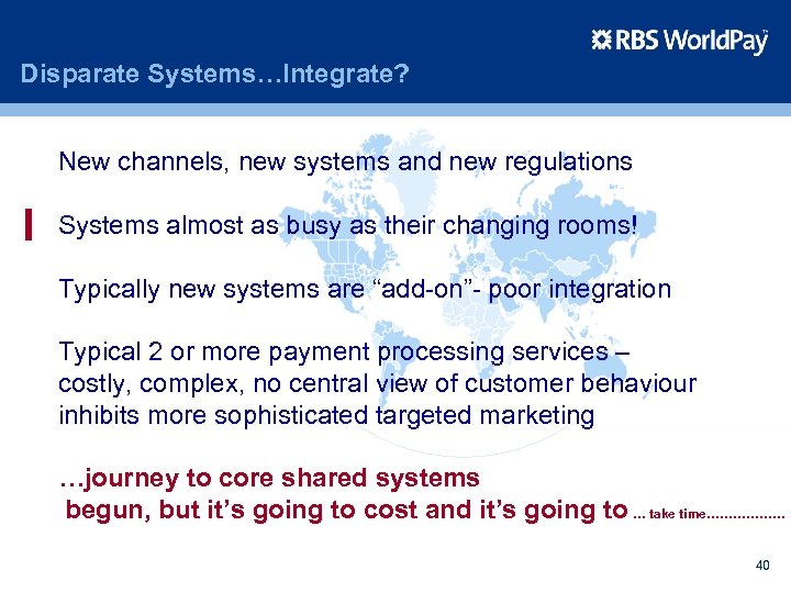 Disparate Systems…Integrate? New channels, new systems and new regulations Systems almost as busy as