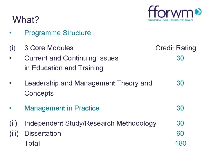What? • Programme Structure : (i) • 3 Core Modules Current and Continuing Issues