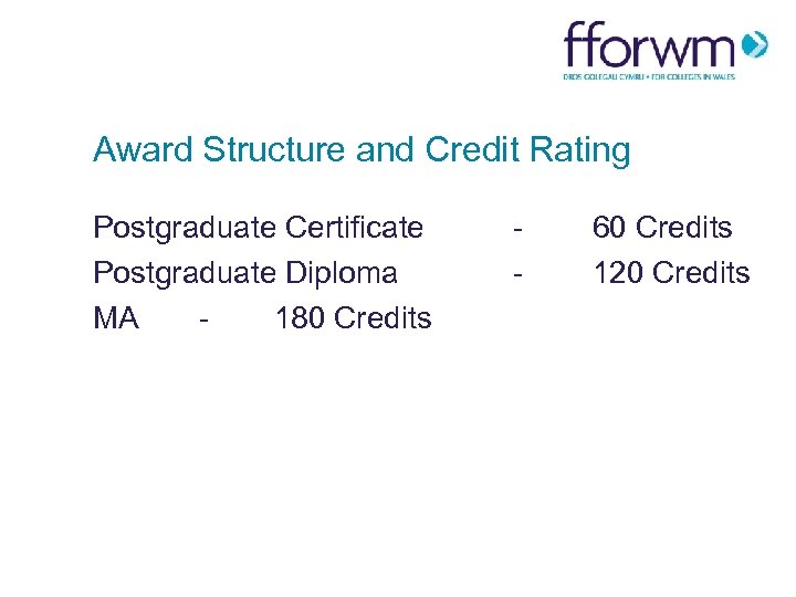 Award Structure and Credit Rating Postgraduate Certificate Postgraduate Diploma MA 180 Credits - 60
