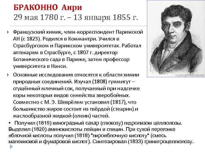 БРАКОННО Анри 29 мая 1780 г. – 13 января 1855 г. Французский химик, член-корреспондент