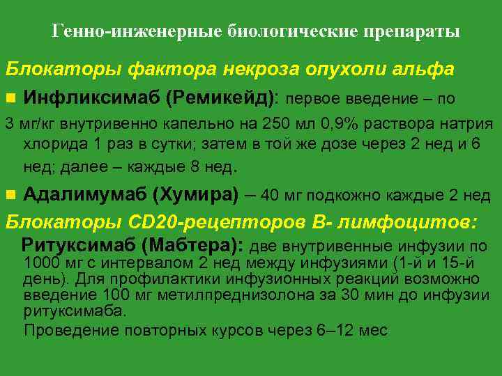 Генно-инженерные биологические препараты Блокаторы фактора некроза опухоли альфа Инфликсимаб (Ремикейд): первое введение – по