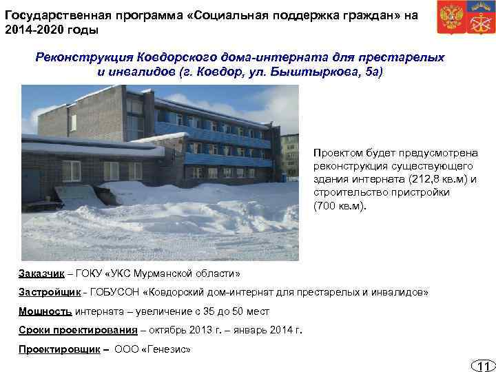 Государственная программа «Социальная поддержка граждан» на 2014 -2020 годы Реконструкция Ковдорского дома-интерната для престарелых