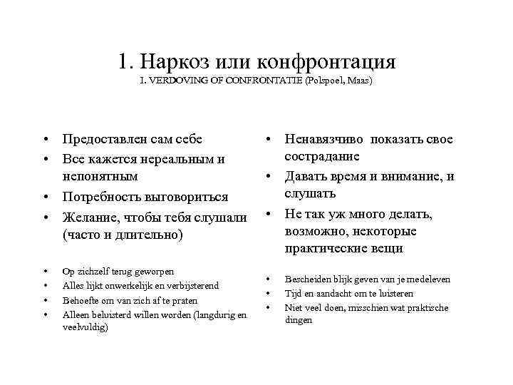 1. Наркоз или конфронтация I. VERDOVING OF CONFRONTATIE (Polspoel, Maas) • Предоставлен сам себе