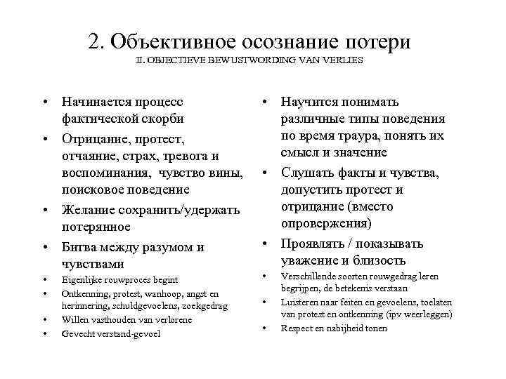 2. Объективное осознание потери II. OBJECTIEVE BEWUSTWORDING VAN VERLIES • Начинается процесс фактической скорби