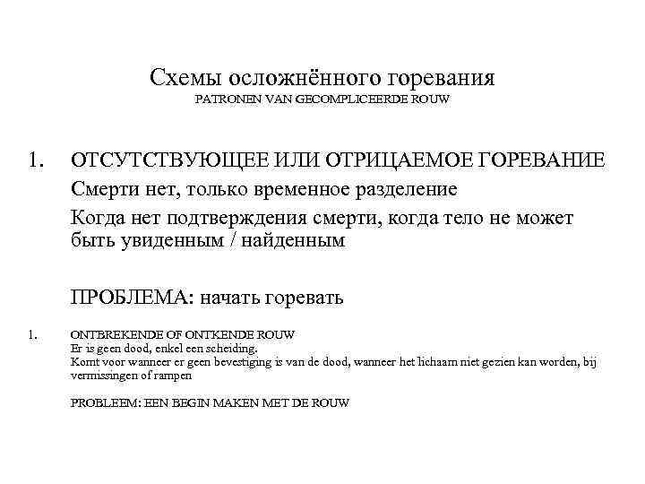 Схемы осложнённого горевания PATRONEN VAN GECOMPLICEERDE ROUW 1. ОТСУТСТВУЮЩЕЕ ИЛИ ОТРИЦАЕМОЕ ГОРЕВАНИЕ Смерти нет,