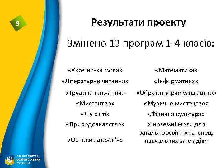 9 Результати проекту Змінено 13 програм 1 -4 класів: «Українська мова» «Математика» «Літературне читання»