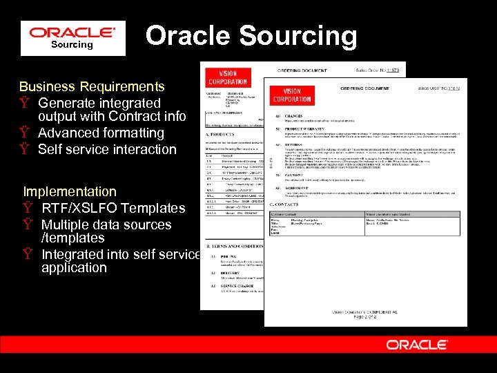 Sourcing Oracle Sourcing Business Requirements Ÿ Generate integrated output with Contract info Ÿ Advanced