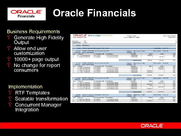 Financials Oracle Financials Business Requirements Ÿ Generate High Fidelity Output Ÿ Allow end user