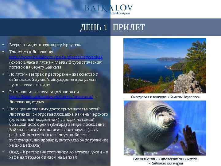 ДЕНЬ 1 ПРИЛЕТ • Встреча гидом в аэропорту Иркутска • Трансфер в Листвянку http: