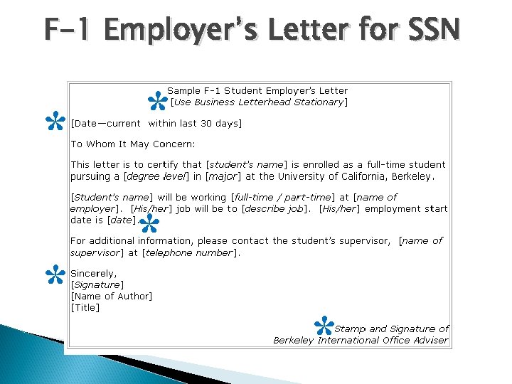 F-1 Employer’s Letter for SSN * * * 
