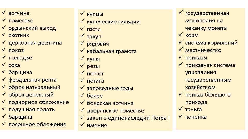  вотчина поместье ордынский выход скотник церковная десятина повоз полюдье соха барщина феодальная рента