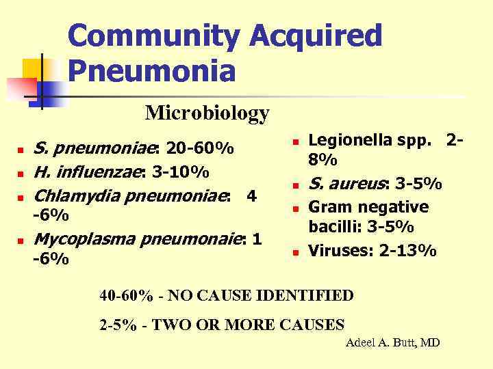 Community Acquired Pneumonia Microbiology n n n S. pneumoniae: 20 -60% H. influenzae: 3