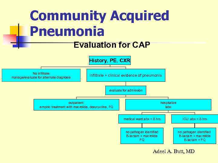 Community Acquired Pneumonia Evaluation for CAP History, PE, CXR No infiltrate manage/evaluate for alternate