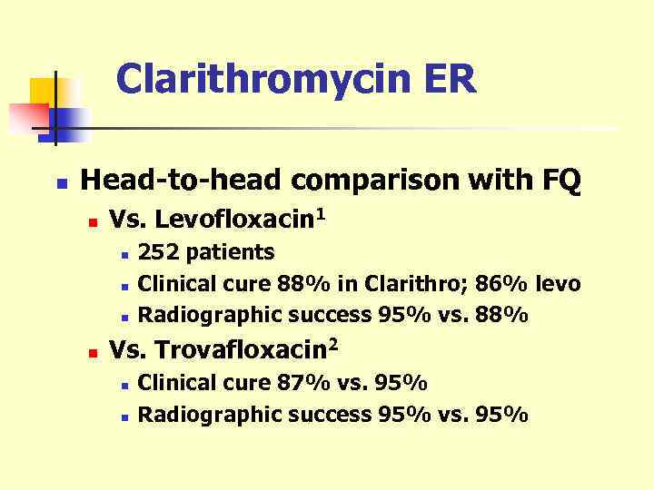 Clarithromycin ER n Head-to-head comparison with FQ n Vs. Levofloxacin 1 n n 252