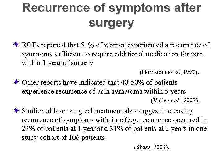 Recurrence of symptoms after surgery RCTs reported that 51% of women experienced a recurrence