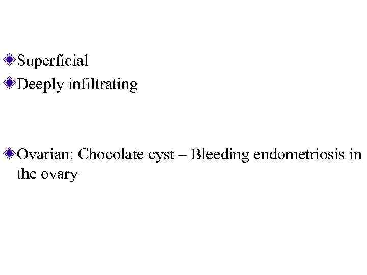 Superficial Deeply infiltrating Ovarian: Chocolate cyst – Bleeding endometriosis in the ovary 