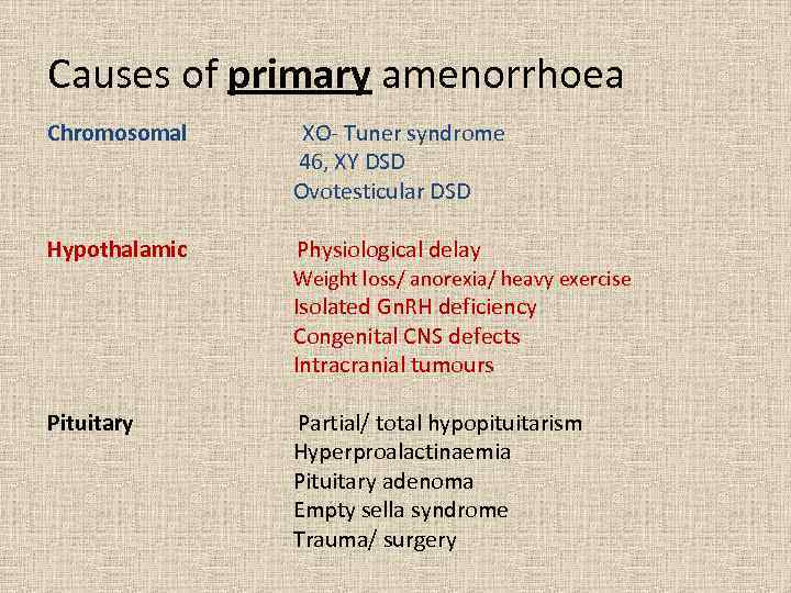 Causes of primary amenorrhoea Chromosomal XO- Tuner syndrome 46, XY DSD Ovotesticular DSD Hypothalamic