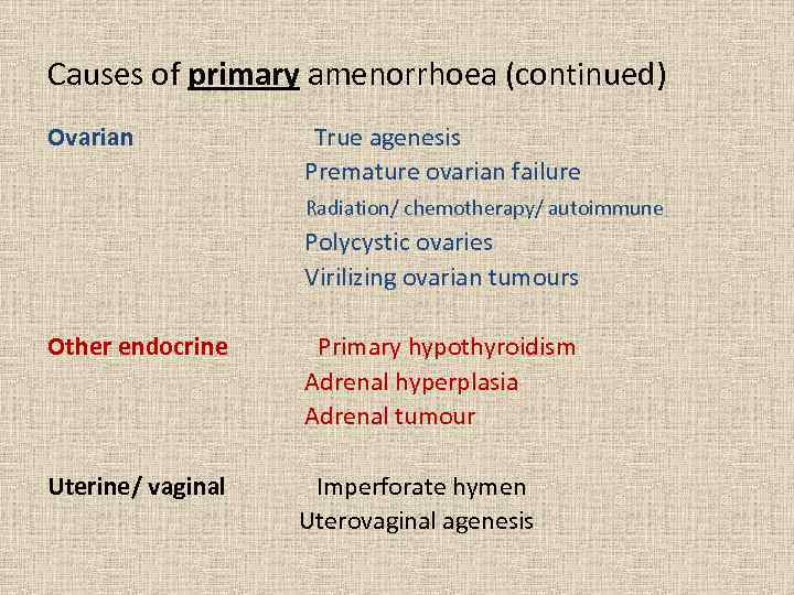 Causes of primary amenorrhoea (continued) Ovarian True agenesis Premature ovarian failure Radiation/ chemotherapy/ autoimmune