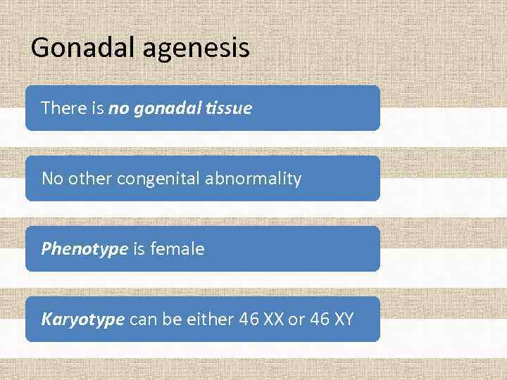 Gonadal agenesis There is no gonadal tissue No other congenital abnormality Phenotype is female