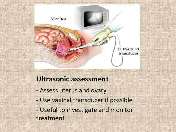 Ultrasonic assessment - Assess uterus and ovary - Use vaginal transducer if possible -