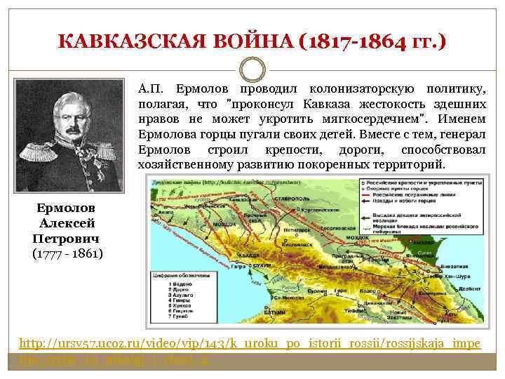 КАВКАЗСКАЯ ВОЙНА (1817 -1864 гг. ) А. П. Ермолов проводил колонизаторскую политику, полагая, что