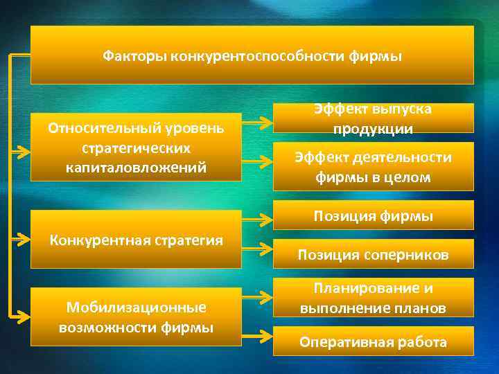 Факторы конкурентоспособности фирмы Относительный уровень стратегических капиталовложений Эффект выпуска продукции Эффект деятельности фирмы в