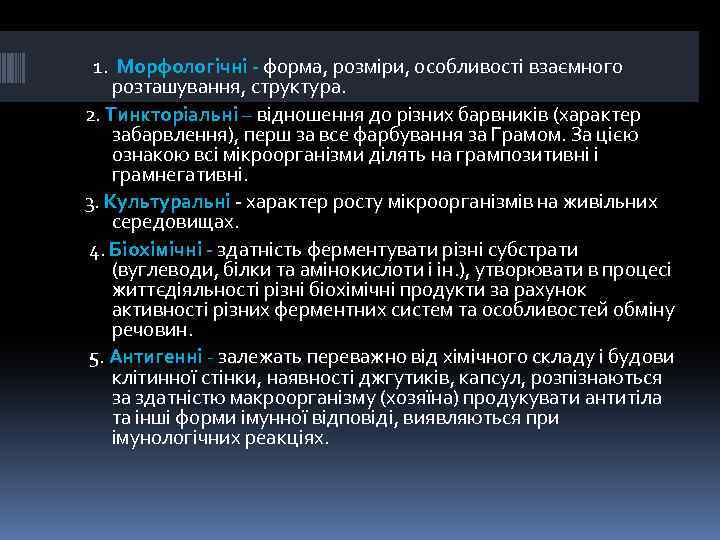  1. Морфологічні - форма, розміри, особливості взаємного розташування, структура. 2. Тинкторіальні – відношення