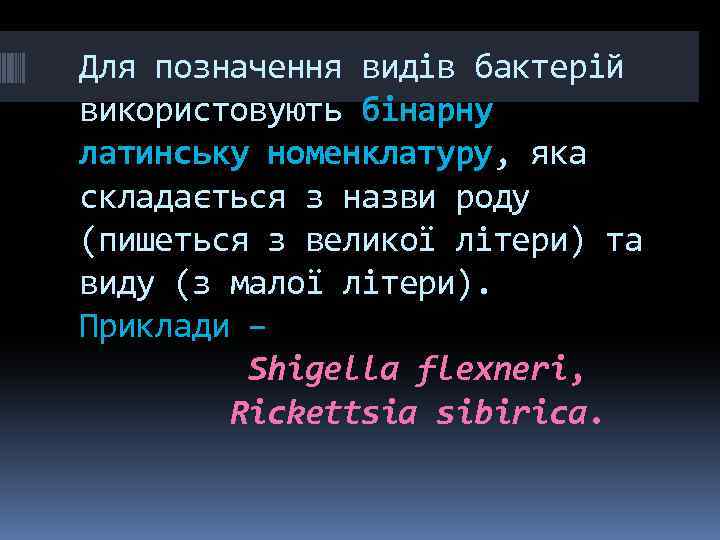 Для позначення видів бактерій використовують бінарну латинську номенклатуру, яка складається з назви роду (пишеться