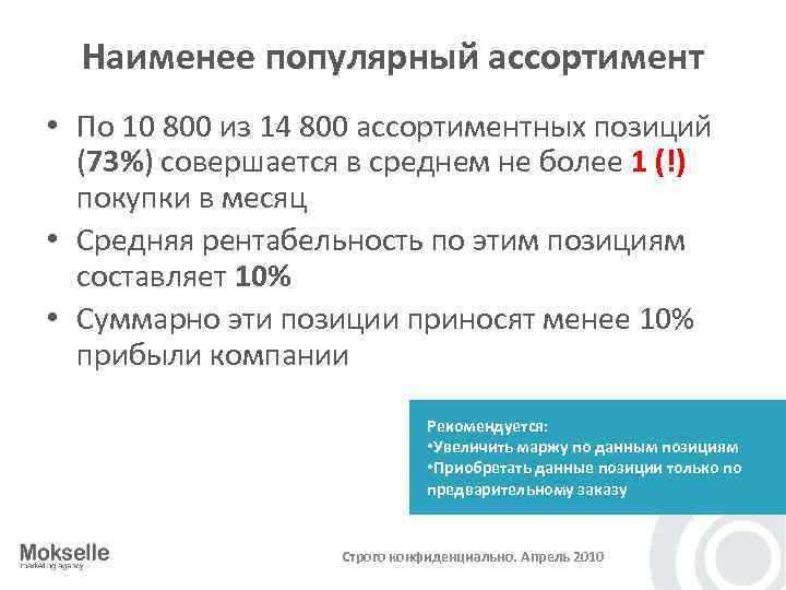 Наименее популярный ассортимент • По 10 800 из 14 800 ассортиментных позиций (73%) совершается