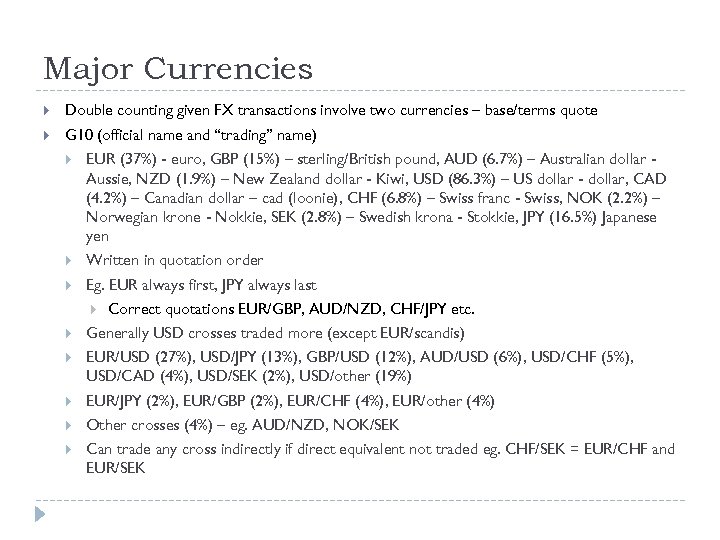 Major Currencies Double counting given FX transactions involve two currencies – base/terms quote G