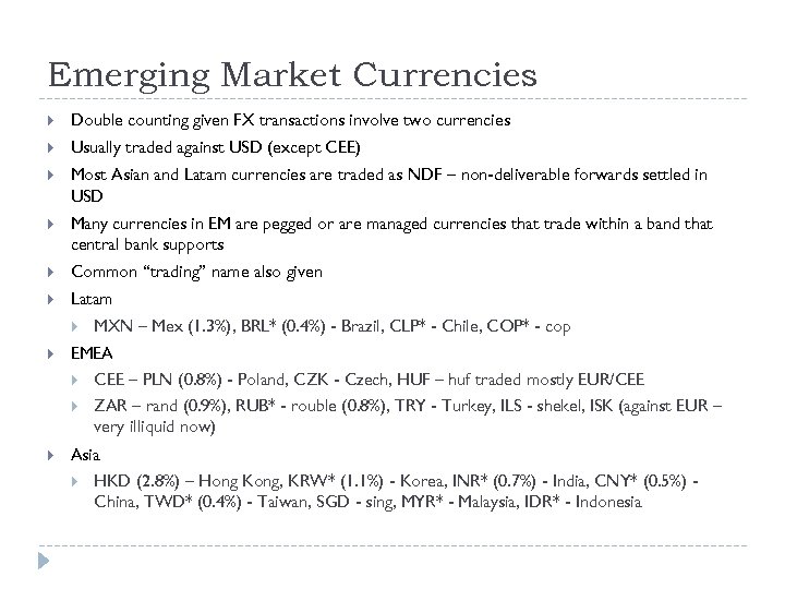 Emerging Market Currencies Double counting given FX transactions involve two currencies Usually traded against