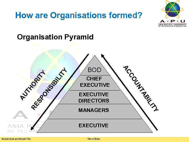 How are Organisations formed? ON SI BI LI TY RI SP RE MANAGERS EXECUTIVE