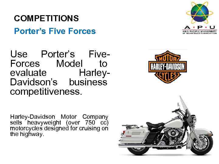COMPETITIONS Porter’s Five Forces Use Porter’s Five. Forces Model to evaluate Harley. Davidson’s business