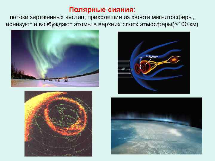 Полярные сияния: потоки заряженных частиц, приходящие из хвоста магнитосферы, ионизуют и возбуждают атомы в