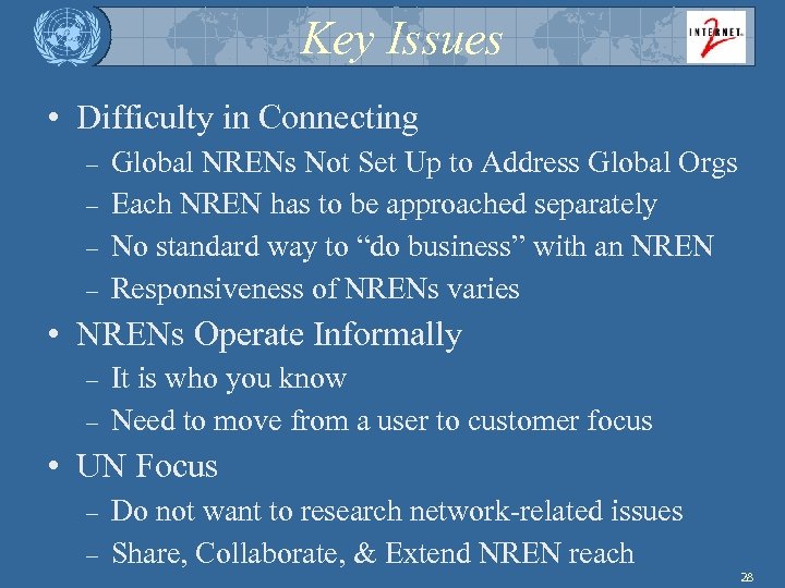 Key Issues • Difficulty in Connecting – – Global NRENs Not Set Up to