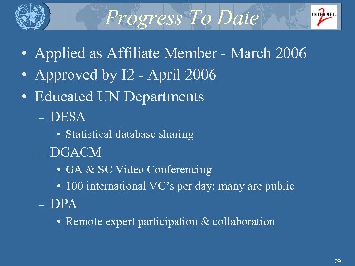 Progress To Date • Applied as Affiliate Member - March 2006 • Approved by