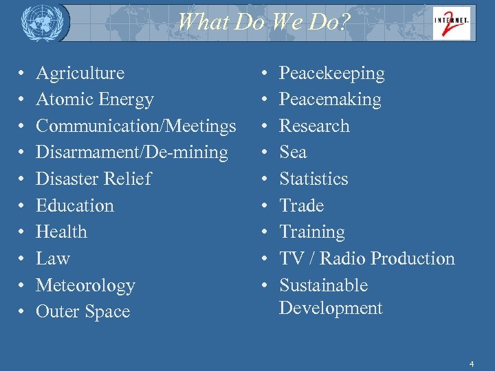 What Do We Do? • • • Agriculture Atomic Energy Communication/Meetings Disarmament/De-mining Disaster Relief