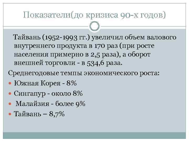 Показатели(до кризиса 90 -х годов) Тайвань (1952 -1993 гг. ) увеличил объем валового внутреннего