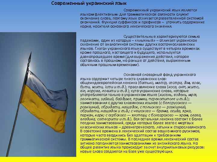 Современный украинский язык является языком флективным: для грамматической связности служит окончание слова, поэтому язык