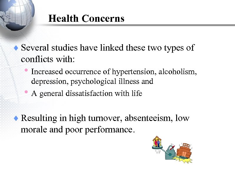 Health Concerns ¨ Several studies have linked these two types of conflicts with: •