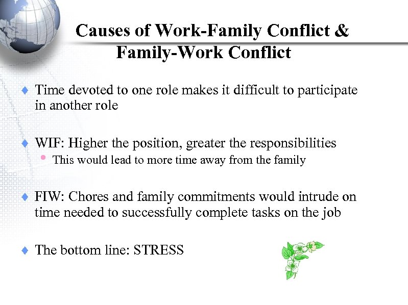 Causes of Work-Family Conflict & Family-Work Conflict ¨ Time devoted to one role makes