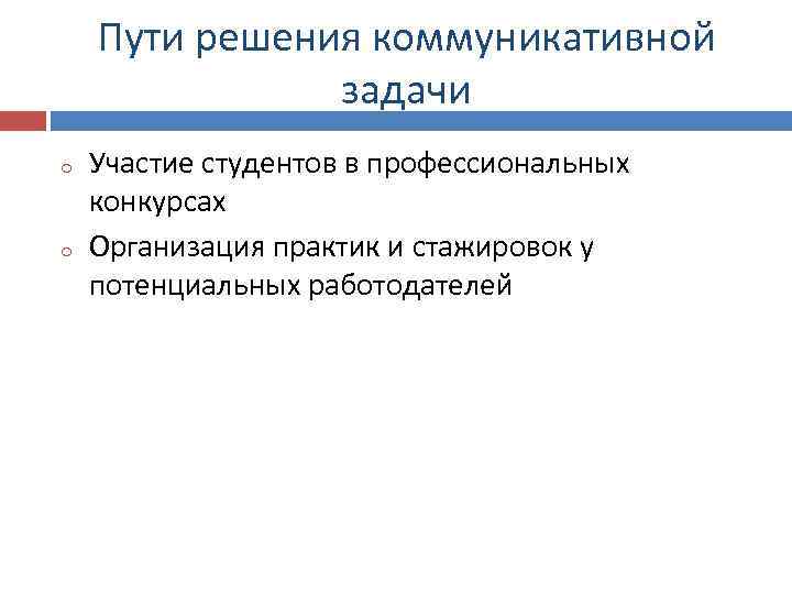 Пути решения коммуникативной задачи o o Участие студентов в профессиональных конкурсах Организация практик и