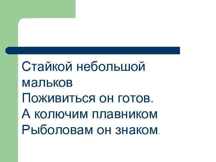 Стайкой небольшой мальков Поживиться он готов. А колючим плавником Рыболовам он знаком. 