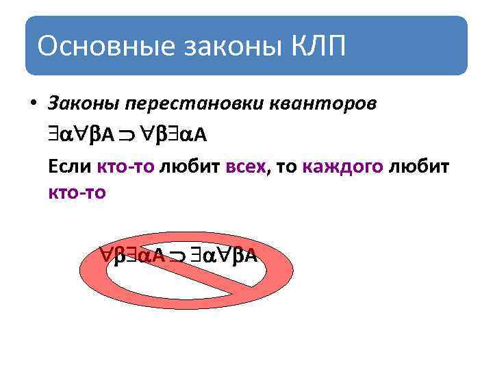 Основные законы КЛП • Законы перестановки кванторов A A Если кто-то любит всех, то