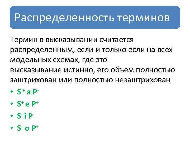 Распределенность терминов Термин в высказывании считается распределенным, если и только если на всех модельных